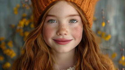Fototapeta premium Freckled Girl in Knitted Hat with Red Hair and Autumn Colors