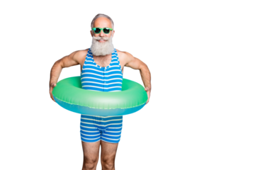 Portrait of cheerful man with eyeglasses eyewear holding rubber ring life belt wearing swim wear isolated over blue background