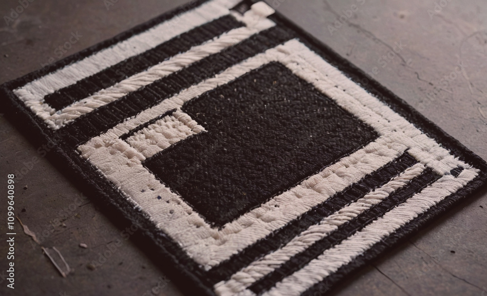 Poster Black and white square patch of fabric with a white border. The patch is on a grey surface