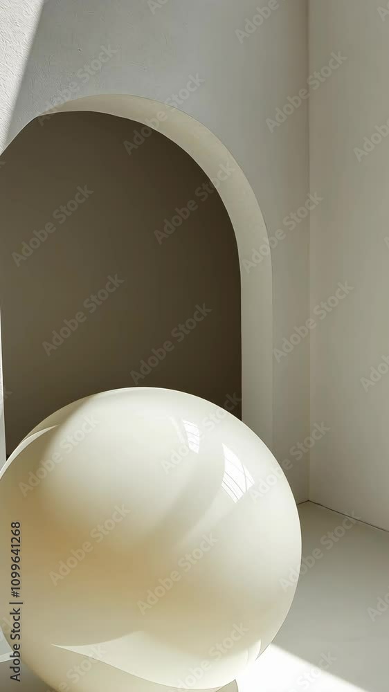 Poster modern interior with a minimalist design featuring a glossy orb and arch structure in soft lighting