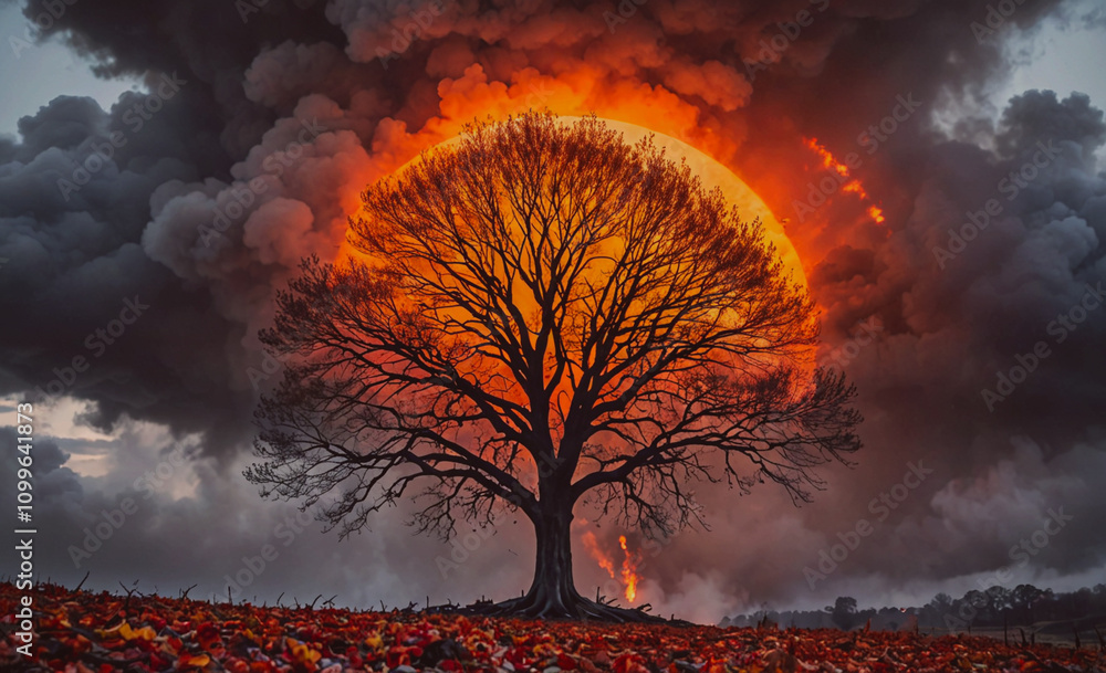 Poster Tree with a large orange sun in the background. The sky is dark and cloudy. The tree is surrounded by leaves and branches