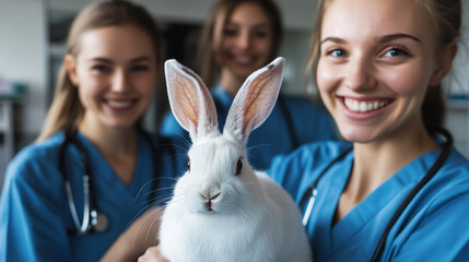 Smiling veterinary students caring for a rabbit in a clinic setting