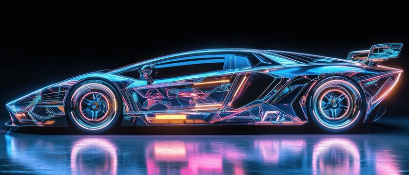 Race car decorated with abstract decals featuring sharp, angular lines and glowing neon accents background wallpaper AI generated image