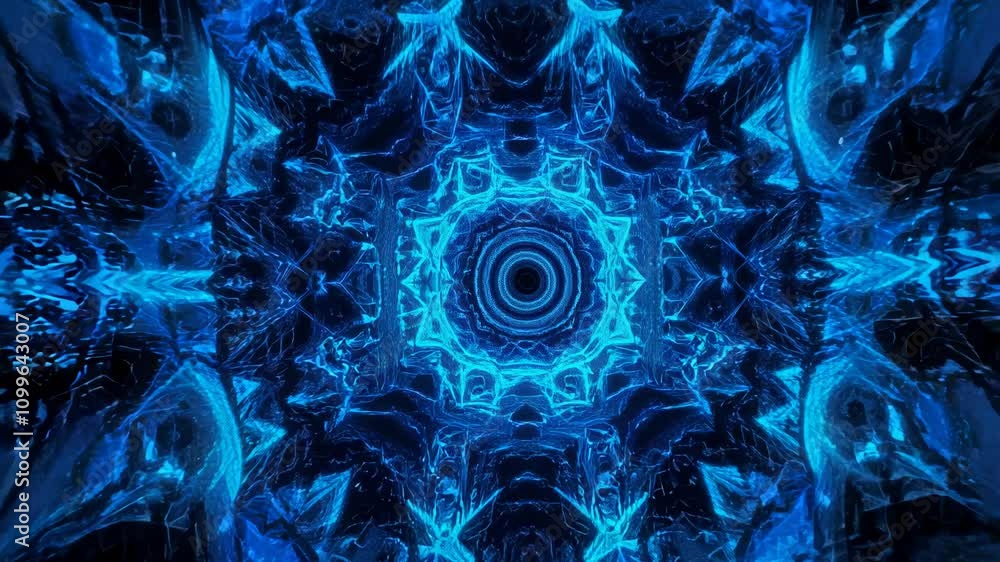 Poster camera zooms into a blue fractal pattern with increasing detail and complexity, pulsating with a fai