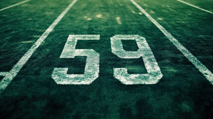 The number 59 is indicated by white markings on an American football field 