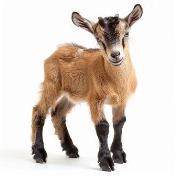 South African Boer goat doeling on white background.