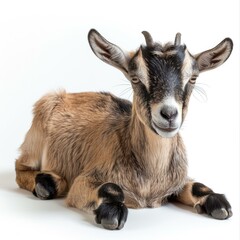 Fototapeta premium South African Boer goat doeling resting on white background.