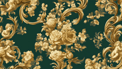 Baroque Florals with Cherubs on Emerald