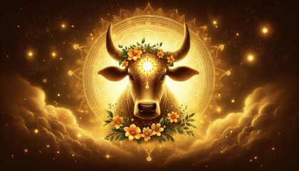 Cow with a round face is surrounded by stars and swirls Generative ai, cow face Wallpaper 