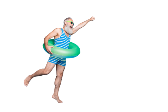 Full body profile side photo of retired pensioner raise his hand running holding green toy ring wear striped bathing suit eyewear eyeglasses isolated over blue background