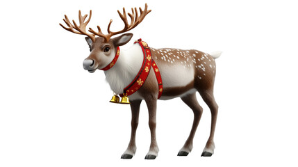Obraz premium A majestic reindeer wearing a festive red collar with gold bells, ready for the holiday season.