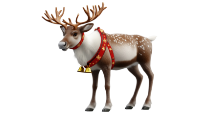 A majestic reindeer wearing a festive red collar with gold bells, ready for the holiday season.