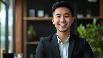 Asian businessman smiling confidently in a modern office setting