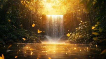 Fototapeta premium An enchanted forest view with a gentle waterfall illuminated by the golden light of the rising sun background wallpaper AI generated image