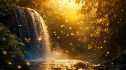 Fototapeta premium An enchanted forest view with a gentle waterfall illuminated by the golden light of the rising sun background wallpaper AI generated image