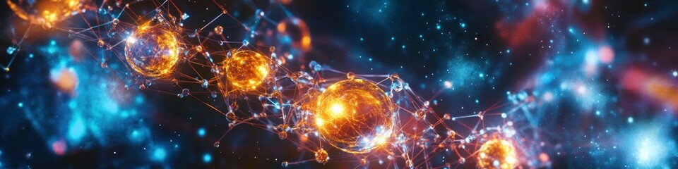 Obraz premium A vivid depiction of interconnected glowing molecules and nodes in space, symbolizing networking, data, and the essence of science and technology