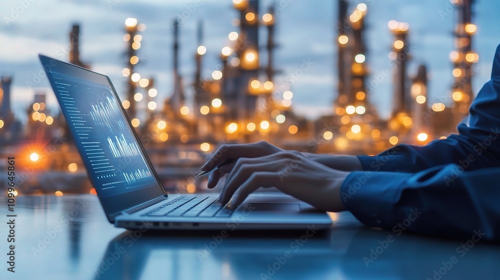 Poster engineers analyzing data with laptops in industrial environment