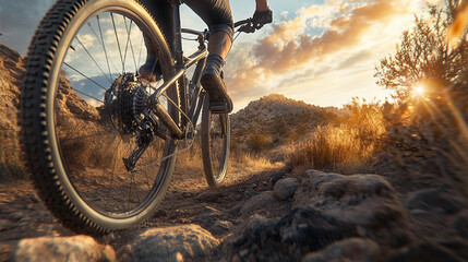 Naklejka premium Low angle view of cyclist riding mountain bike on rugged terrain, capturing the action and strength as they navigate the trail with focus and determination, Generative AI
