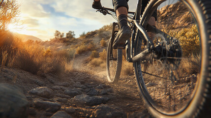 Fototapeta premium Low angle view of cyclist riding mountain bike on rugged terrain, capturing the action and strength as they navigate the trail with focus and determination, Generative AI