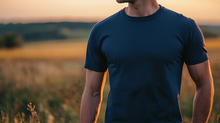 Naklejka premium Man in navy blue t-shirt standing in a sunny outdoor field