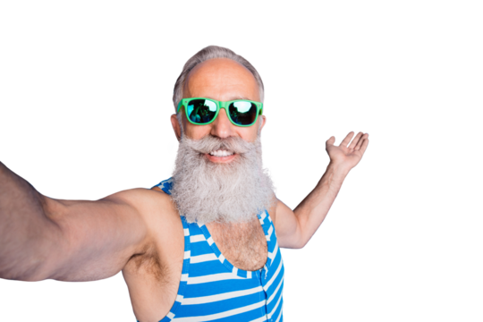 Close up photo of retired man in eyeglasses eyewear holding his palm making selfie wearing striped swim wear isolated over blue background