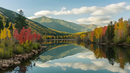 Fototapeta premium Winter morning sunrise bells with golden sunlight lake in the morning landscape of the Rocky Mountains at sunrise