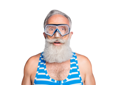 Close up photo of impressed old man wearing striped bathing suit isolated over blue background