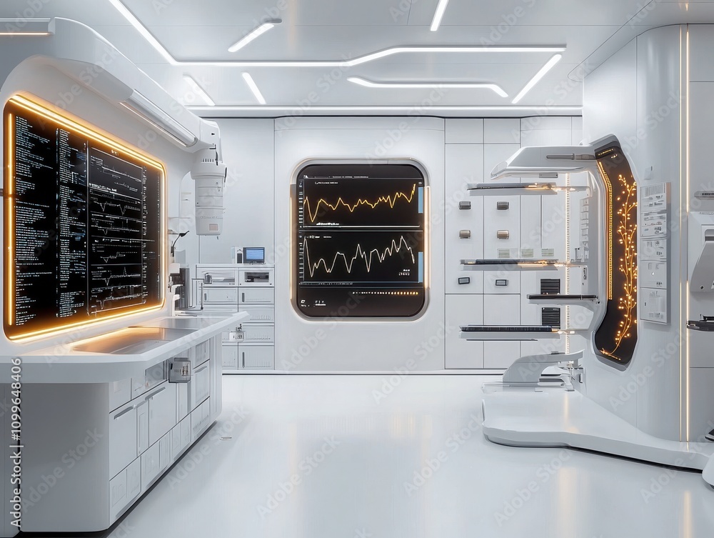 Poster futuristic research lab analyzing dna with ai technology high-tech environment innovative science mo