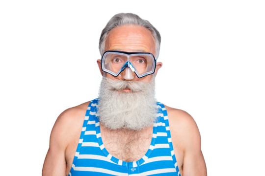 Close up photo of attractive sailor in swimming glasses wearing striped costume isolated over blue background
