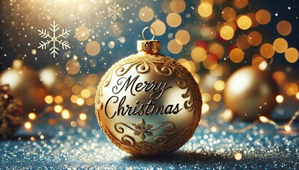 Gold Christmas Ornament - Decorated Christmas Bauble Background with Merry Christmas Text Christmas Ornament with Christmas Tree - Holiday Diffused Bokeh Wallpaper - Snow, Mistletoe and Presents