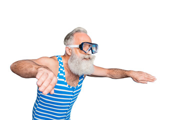 Profile side photo of concentrated pensioner swimming in glasses wearing striped bathing suit...