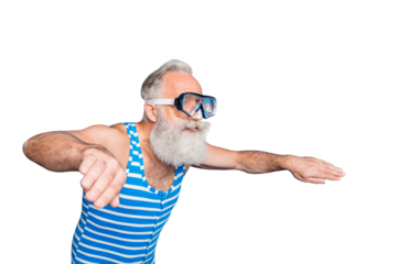 Profile side photo of concentrated pensioner swimming in glasses wearing striped bathing suit isolated over blue background
