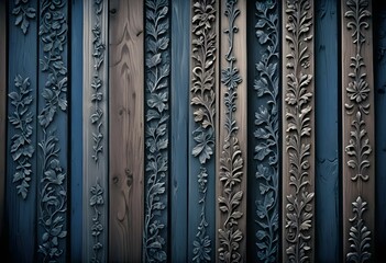 Elegant wood backgrounds with intricate engraved floral patterns in natural, green, and blue tones