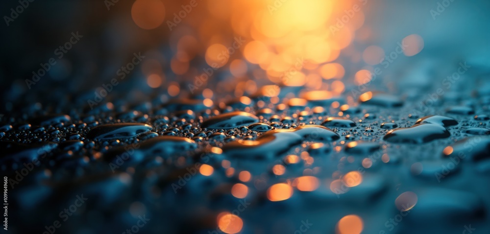 Poster delicate water droplets meticulously arranged on smooth pastel blue glass surface. patterns unique, 