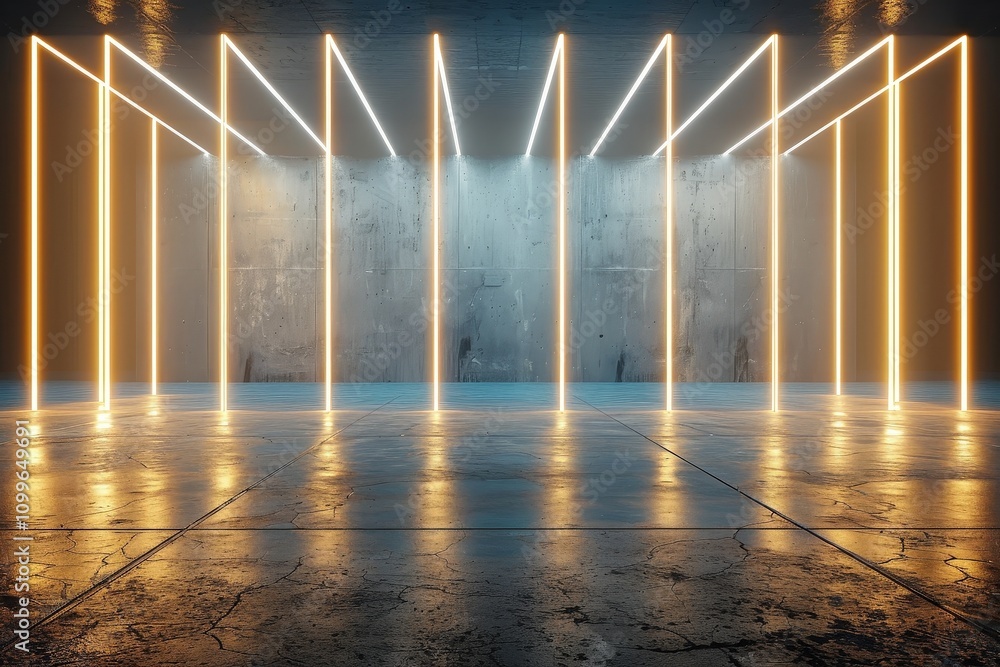 Poster dynamic light installation modern gallery art display urban environment wide angle view contemporary