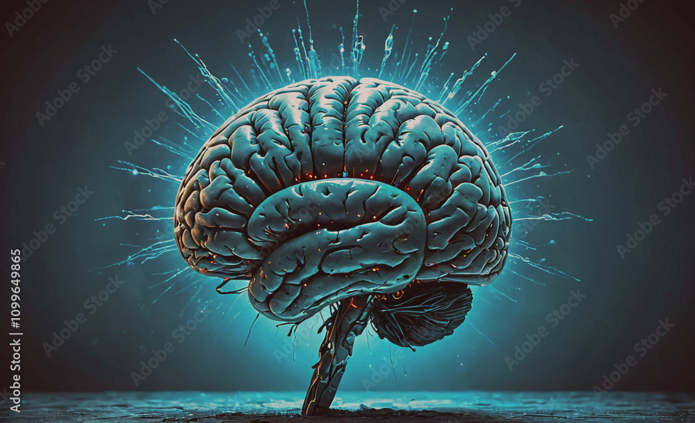 Aufkleber brain with a light shining on it. the brain is surrounded by a blue background