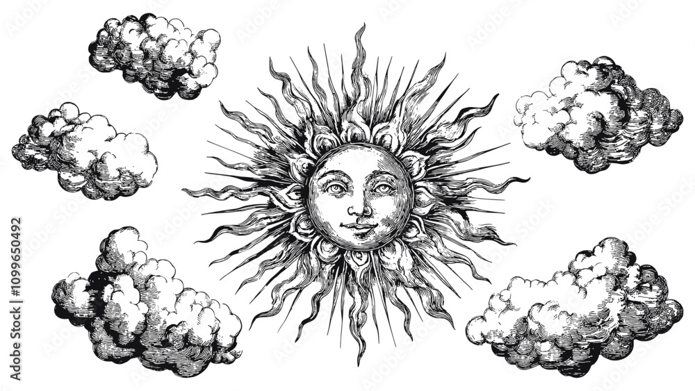 Wall mural sun and clouds detailed vintage engraving illustration on white background with intricate texture cl
