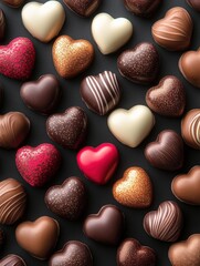 Fototapeta premium Assorted chocolate candies in the shape of a heart on a dark isolated background. craft chocolates for valentines day.