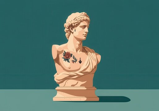 Classical statue with modern tattoos against teal background