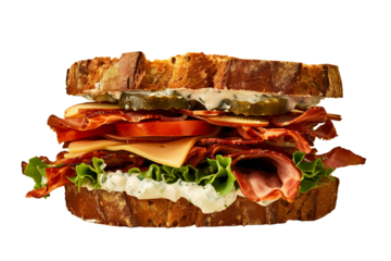 Delicious gourmet sandwich with meats, cheese, and fresh veggies on rustic bread