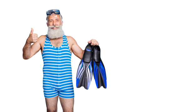 Portrait of retired grandfather with white hairstyle holding diving equipment wearing striped costume isolated over blue background