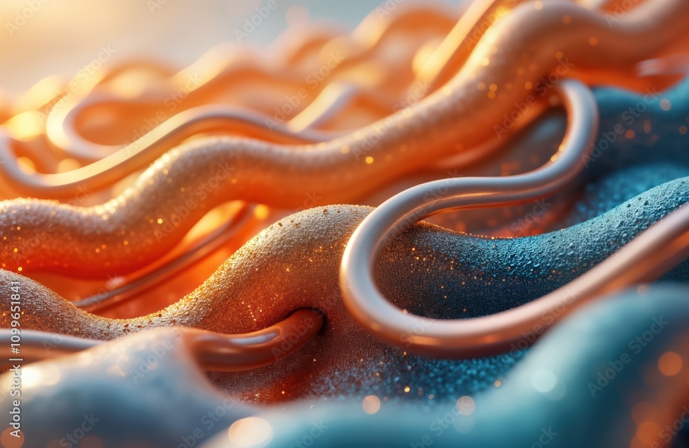 Poster Dynamic 3D fluid forms in tan, cyan. Interconnected shapes with vibrant textures. Radiant, pristine design. Modern, artistic visualization. Fluid, flowing shapes create harmony in digital landscape.