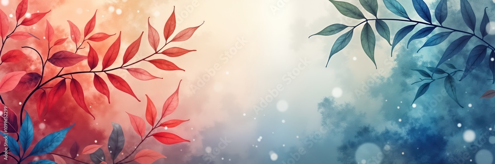 Poster colorful leaves on branches create stunning backdrop. red leaves, bluish leaves blend seamlessly wit