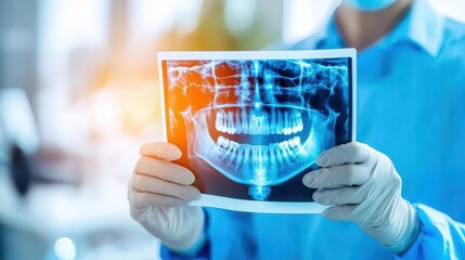 Dentist Holding Dental X-ray Image with Examination Tools in Modern Clinic
