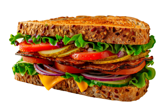 Close-up of a stacked sandwich with fresh vegetables and cheese on seeded bread