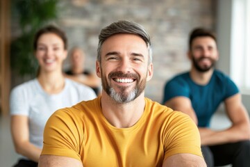 Fototapeta premium Fitness Class with Smiling Man and Group of Participants in Bright Gym