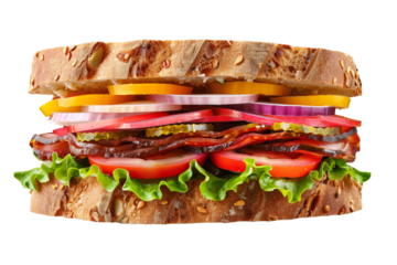 Colorful and detailed sandwich with fresh vegetables, cheese, and deli meats.