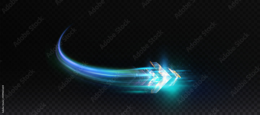 Poster blue light energy flow. light arrow of direction of movement. vector on transparent background for d