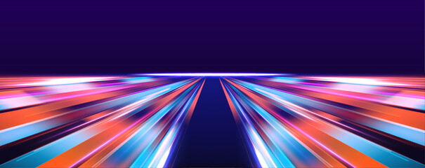 Isometric ai chipset on a printed circuit board with light trails, fire path, car lights, and optical fiber twisting through a neon-colored space.