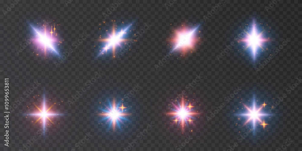 Poster abstract set of colorful light effects, twinkling bright stars. for graphic web design and illustrat